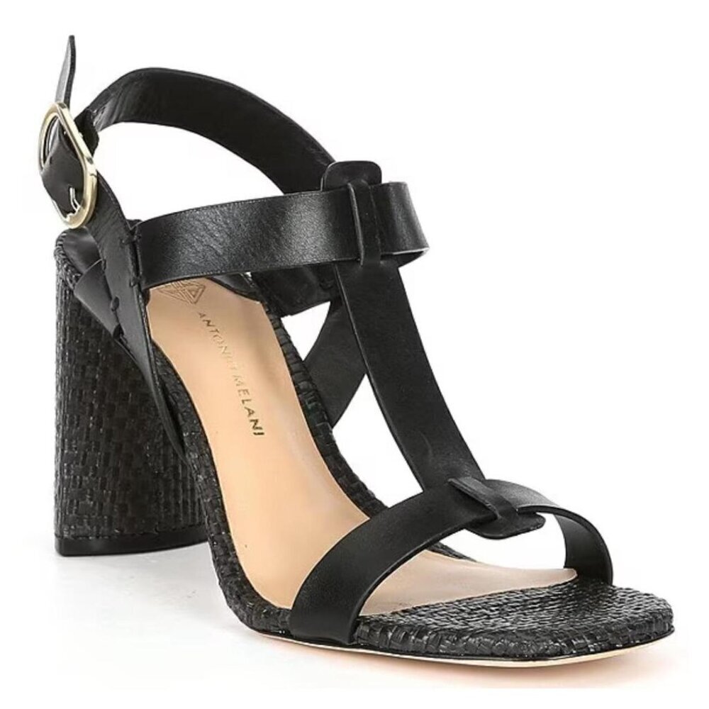 NEW Antonio Melani Marnie Leather Halterback Raffia Sandals in Black